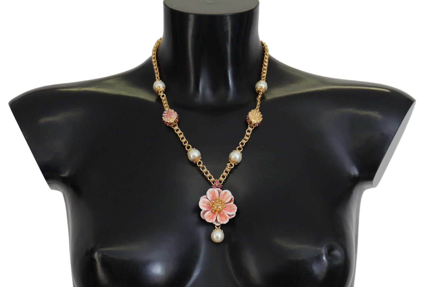 Dolce & Gabbana Gold Tone Floral Crystals Pink Embellished Necklace