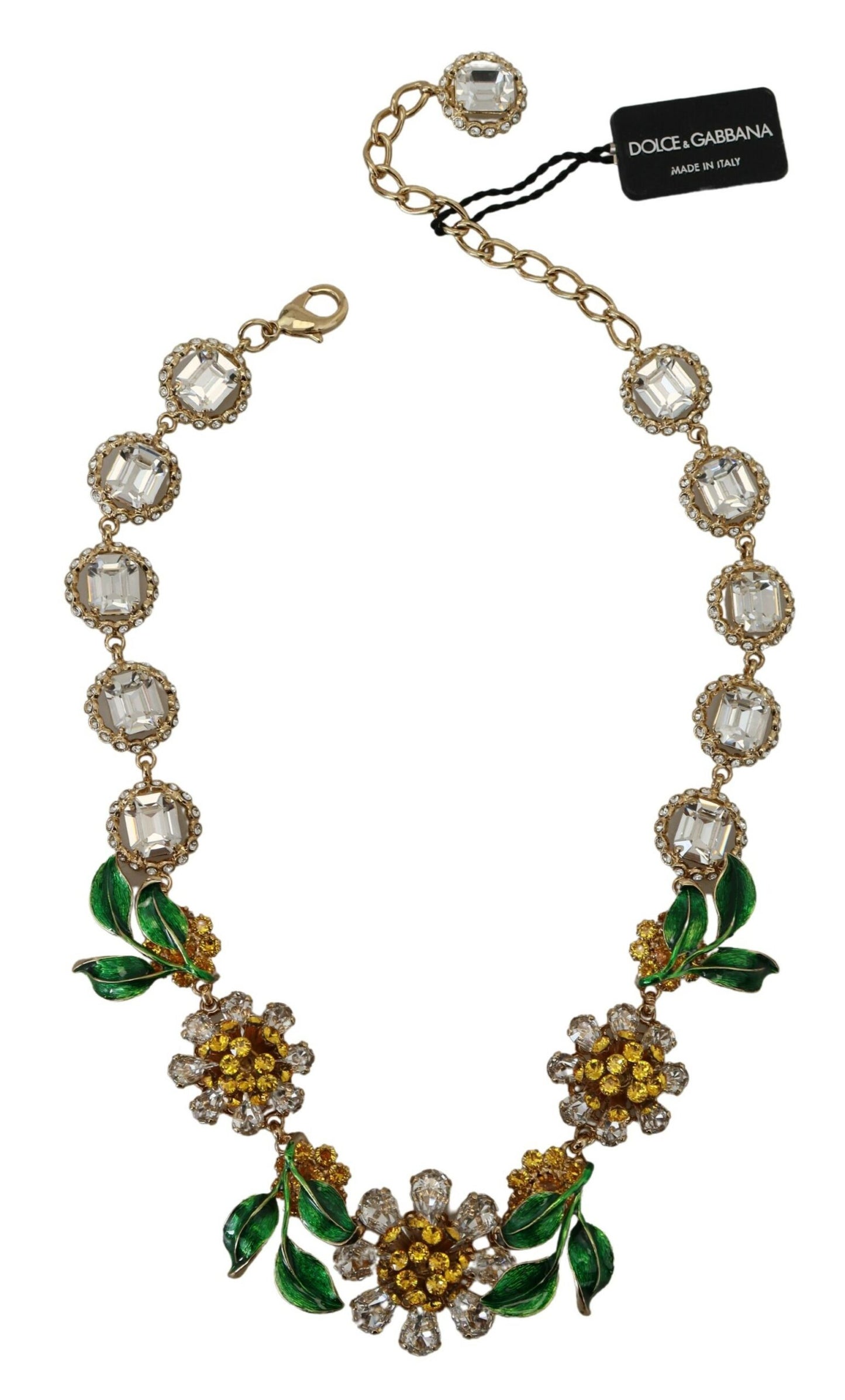 Dolce & Gabbana Gold Brass Crystal Logo Floral Statement Necklace