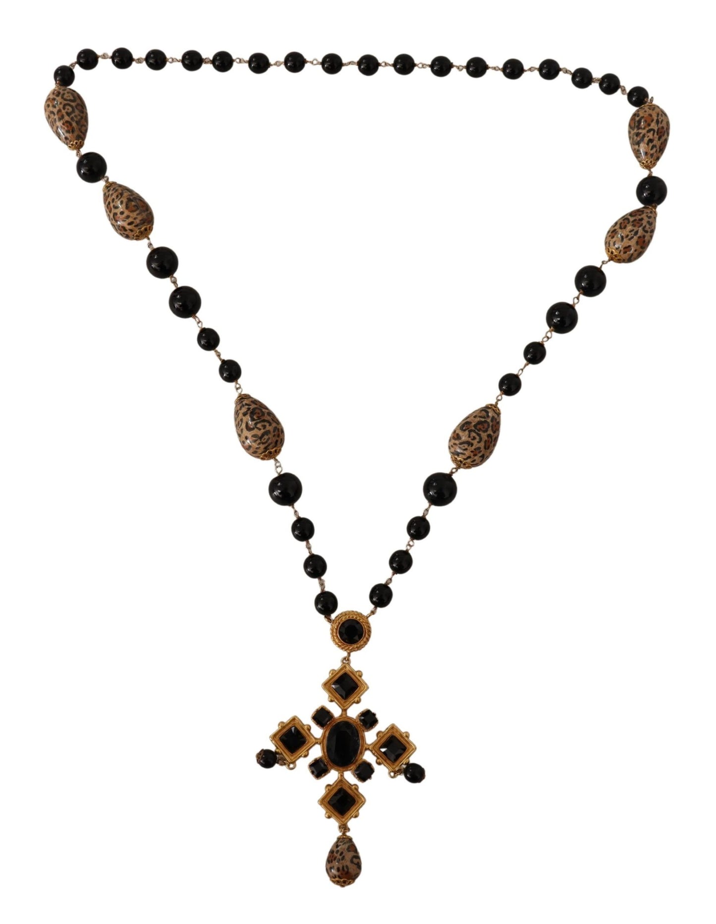 Dolce & Gabbana Gold Tone Brass Leopard Cross Chain Black Crystal Necklace