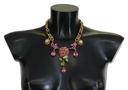 Dolce & Gabbana Gold Brass Chain Crystal Floral Roses Jewelry Necklace