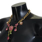 Dolce & Gabbana Gold Brass Chain Crystal Floral Roses Jewelry Necklace