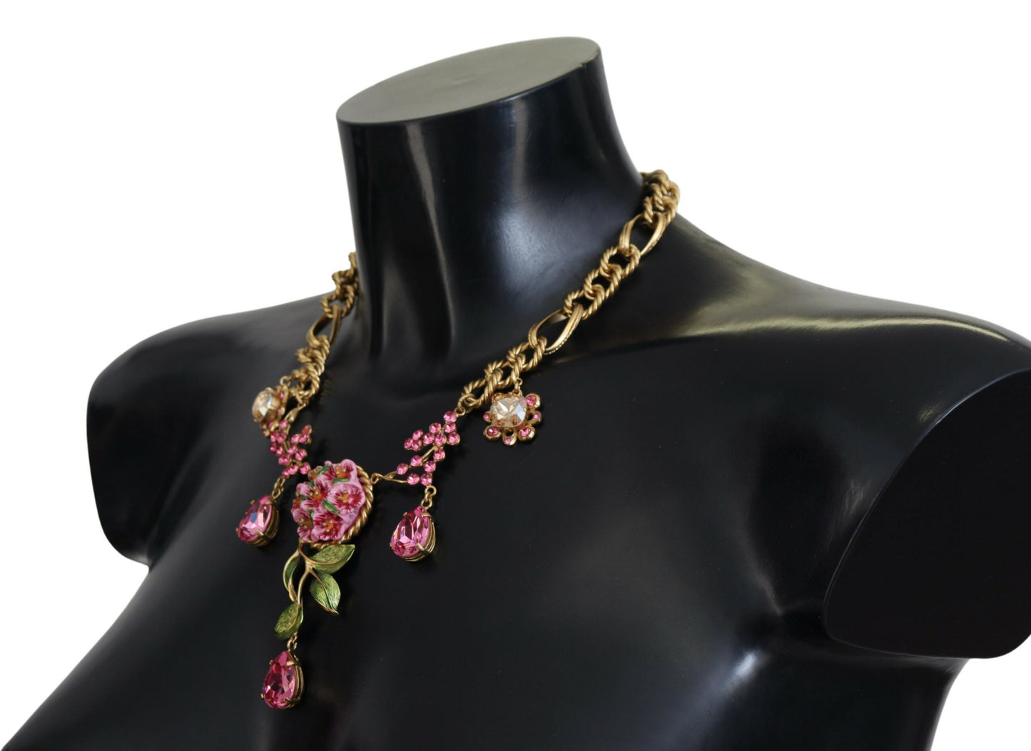 Dolce & Gabbana Gold Brass Chain Crystal Floral Roses Jewelry Necklace