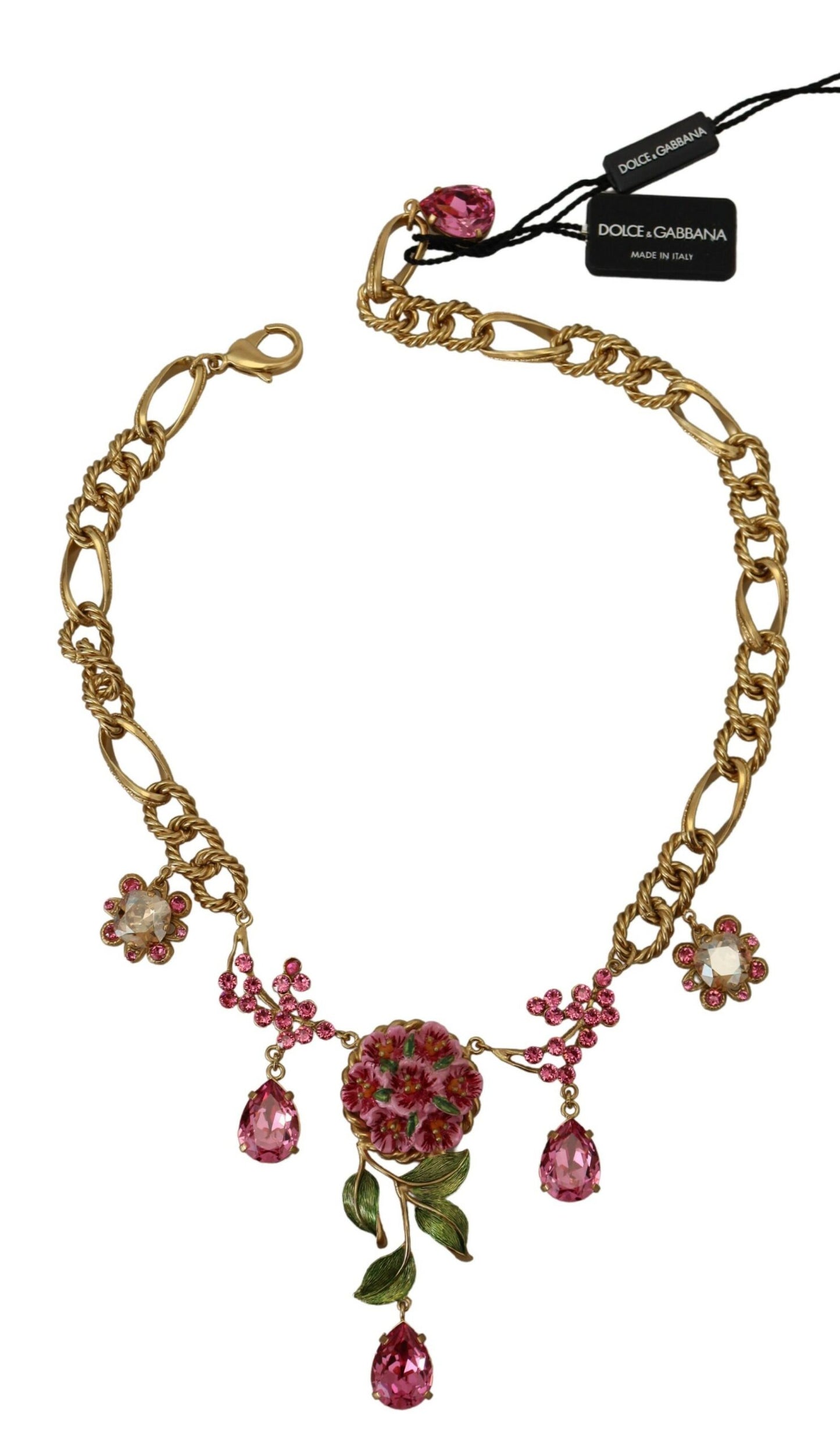 Dolce & Gabbana Gold Brass Chain Crystal Floral Roses Jewelry Necklace