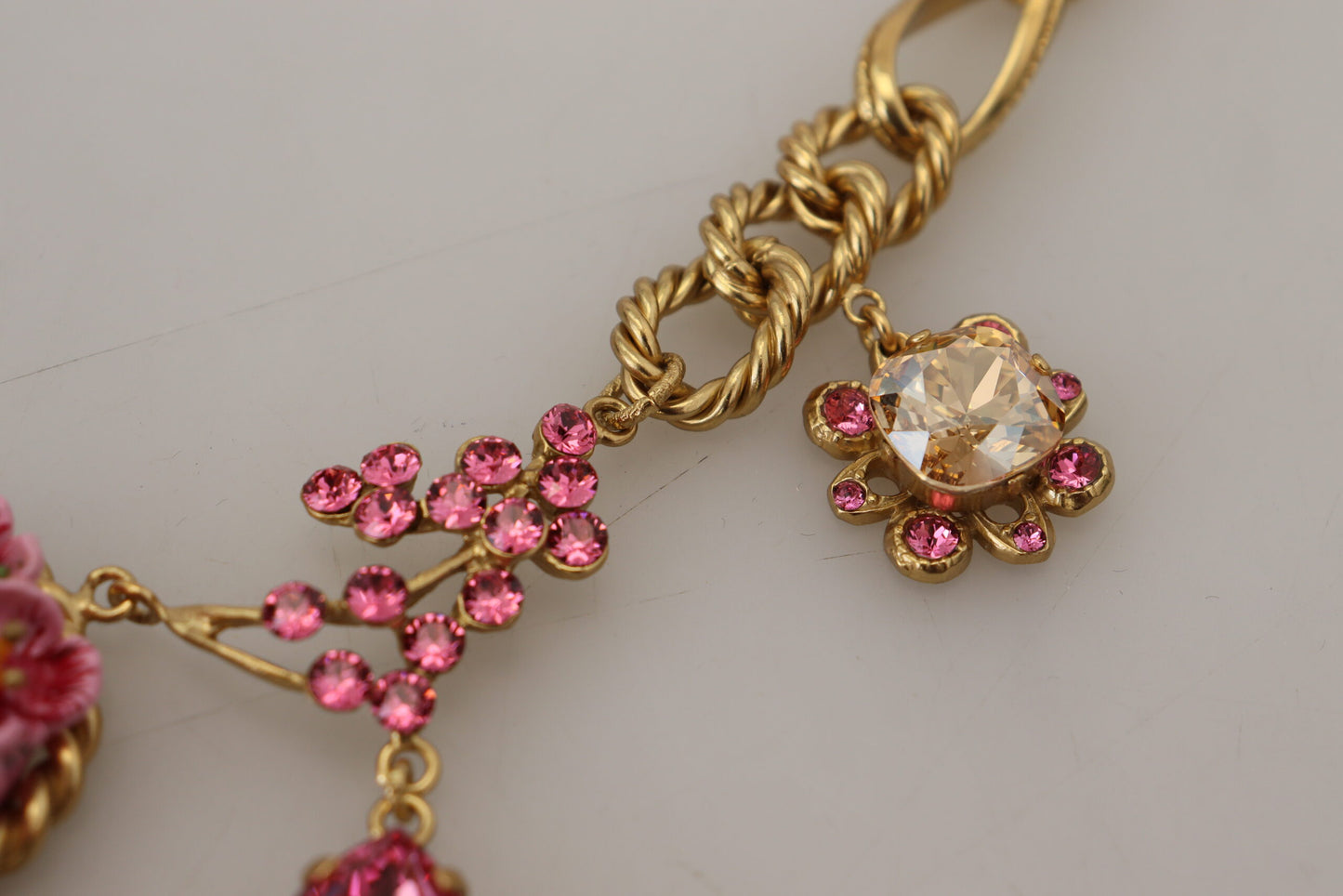 Dolce & Gabbana Gold Brass Chain Crystal Floral Roses Jewelry Necklace