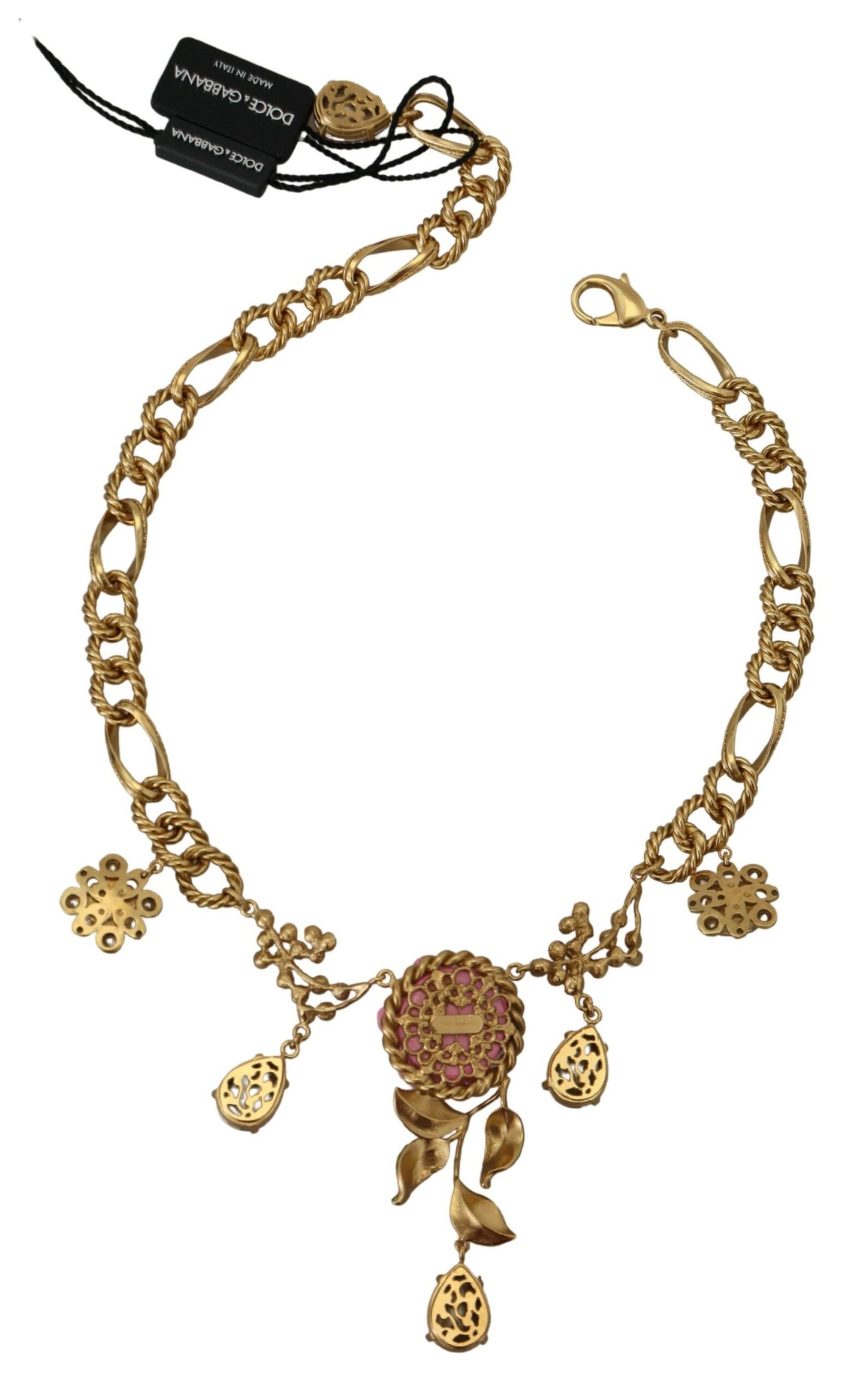 Dolce & Gabbana Gold Brass Chain Crystal Floral Roses Jewelry Necklace