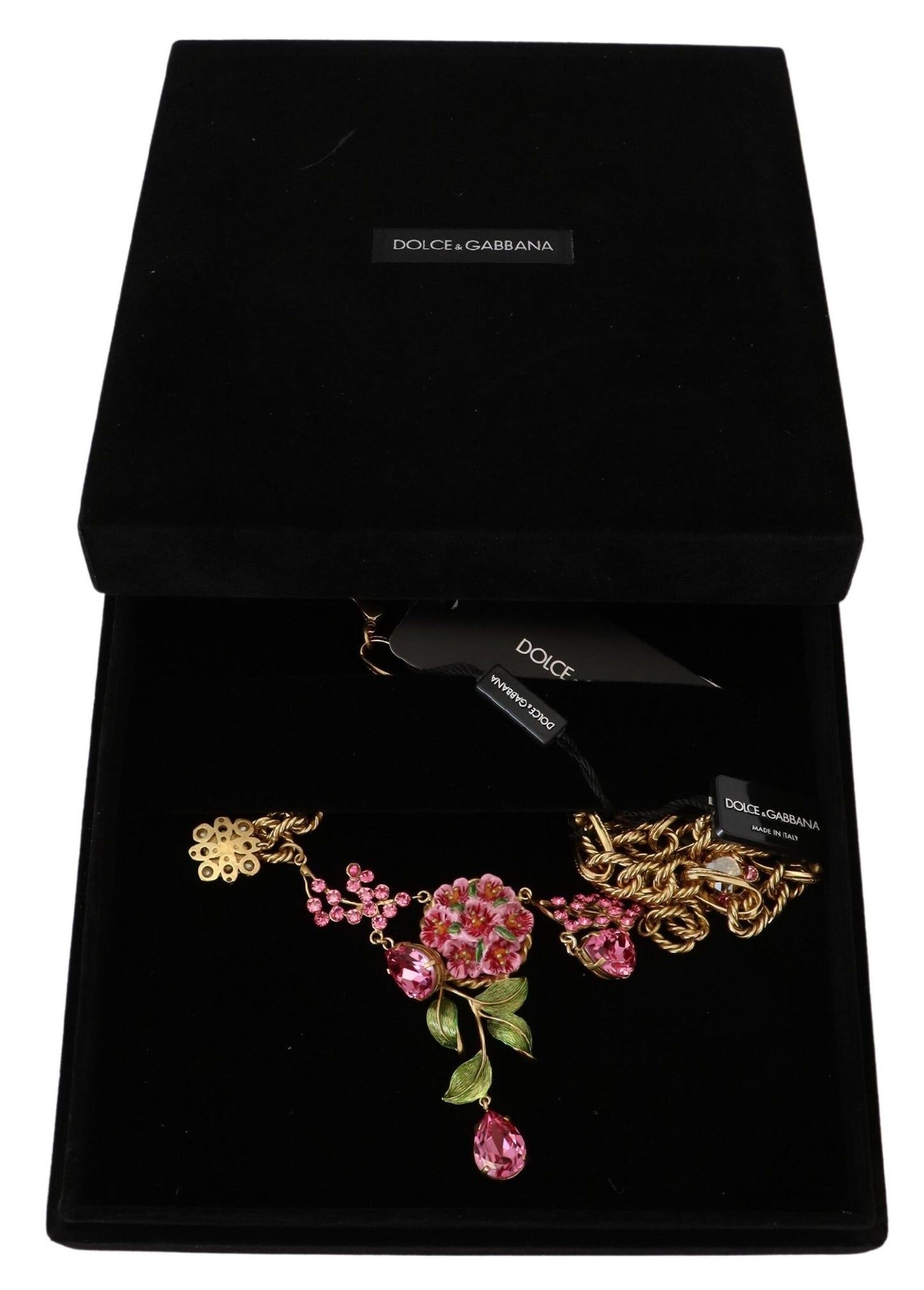 Dolce & Gabbana Gold Brass Chain Crystal Floral Roses Jewelry Necklace