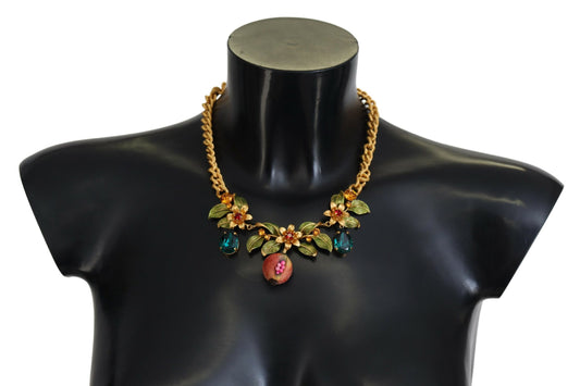 Dolce & Gabbana Gold Brass Crystal Logo Fruit Floral Statement Necklace