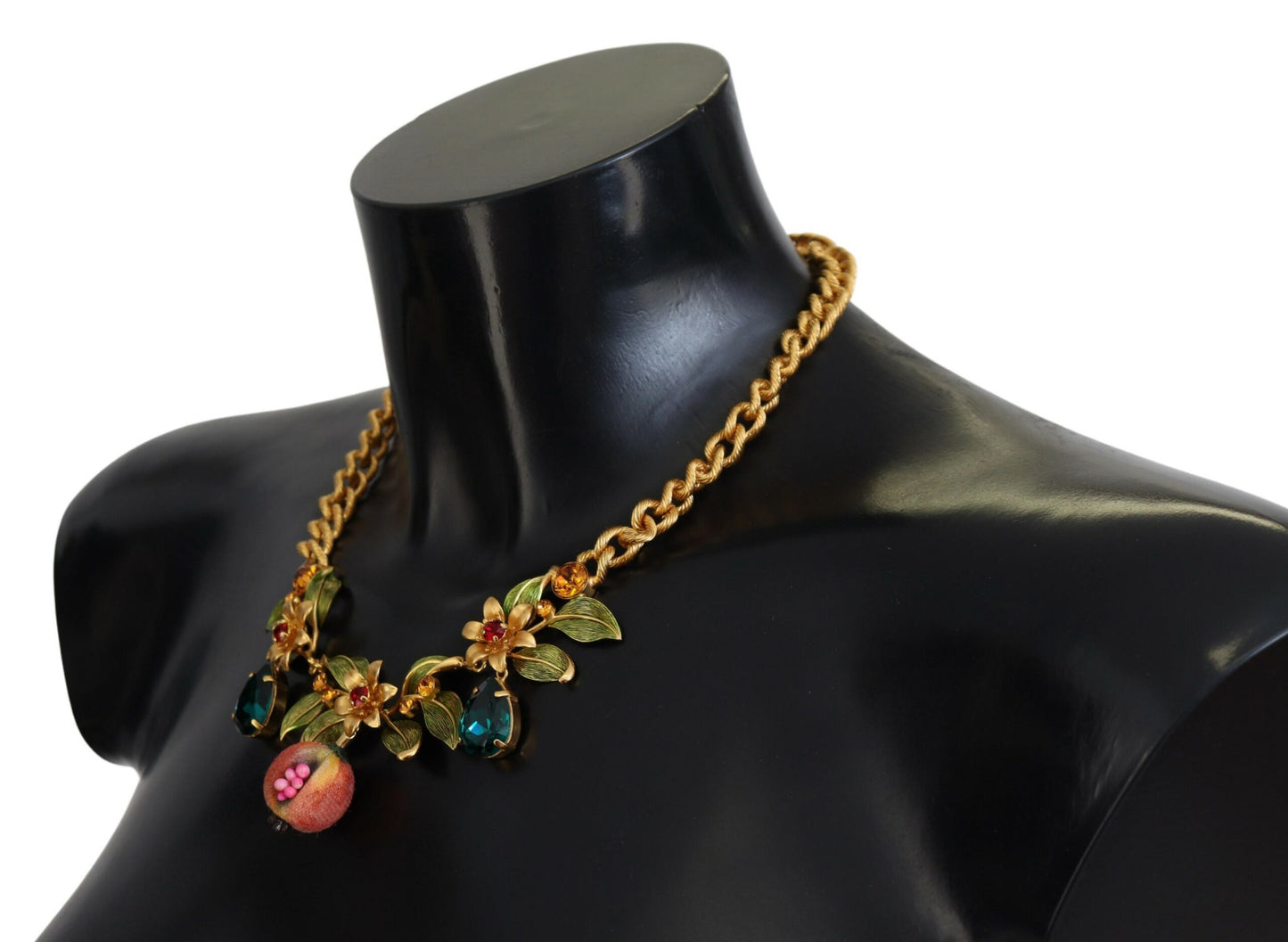 Dolce & Gabbana Gold Brass Crystal Logo Fruit Floral Statement Necklace