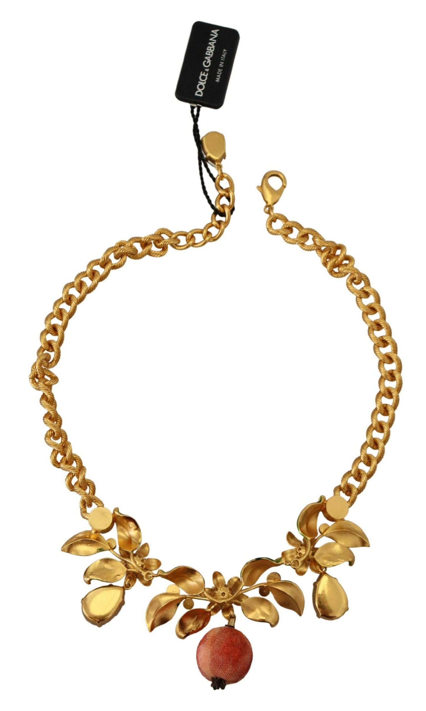 Dolce & Gabbana Gold Brass Crystal Logo Fruit Floral Statement Necklace