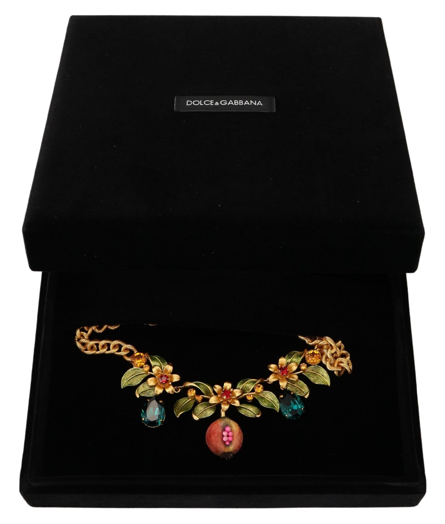 Dolce & Gabbana Gold Brass Crystal Logo Fruit Floral Statement Necklace