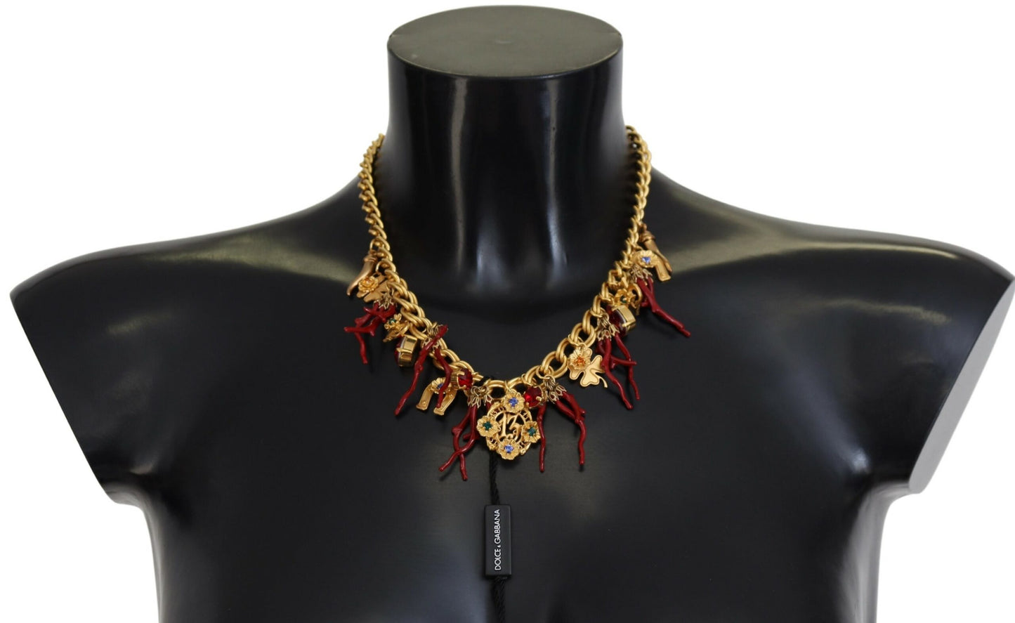 Dolce & Gabbana Gold Brass Crystal Logo Chili Statement Necklace