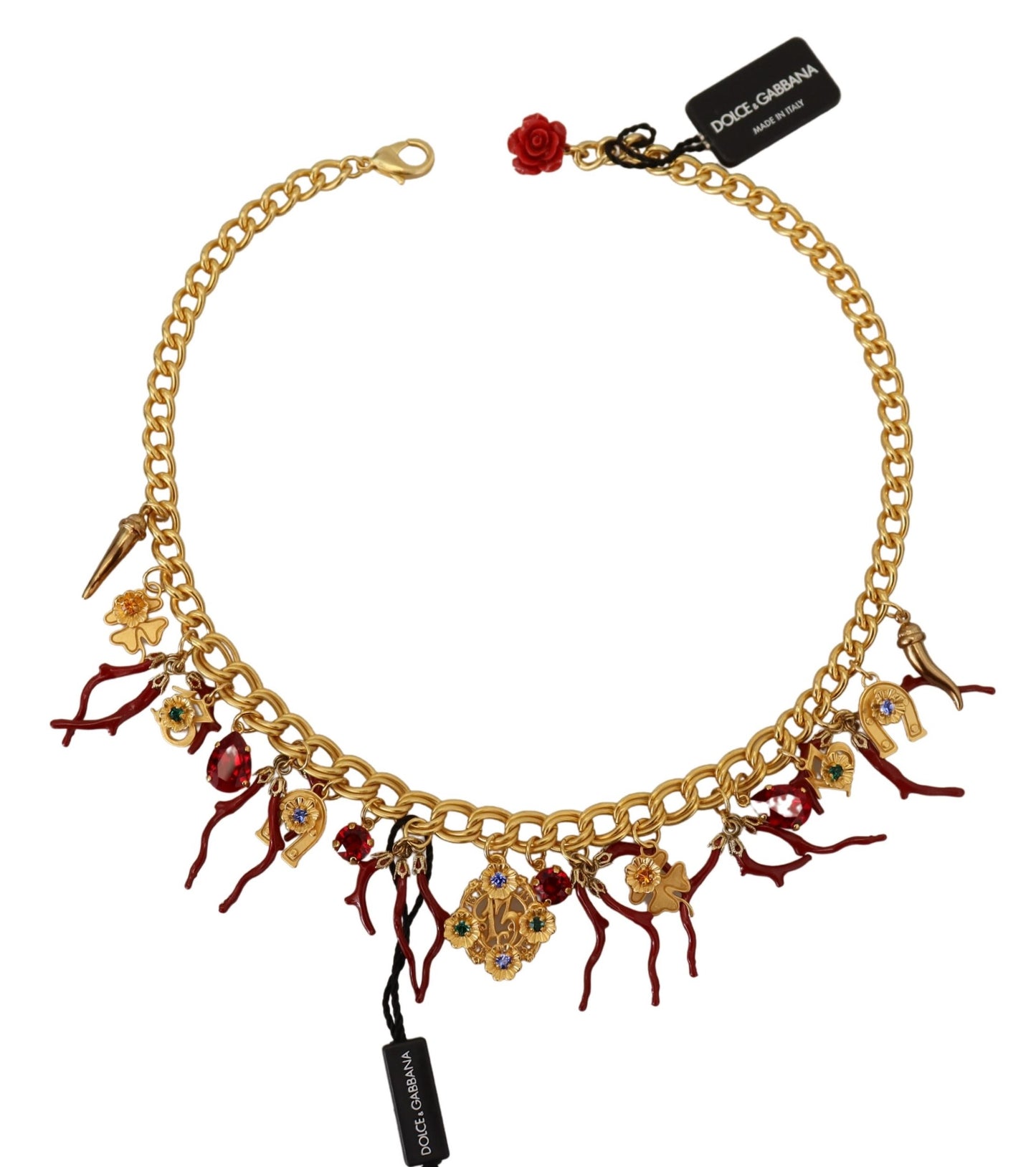 Dolce & Gabbana Gold Brass Crystal Logo Chili Statement Necklace