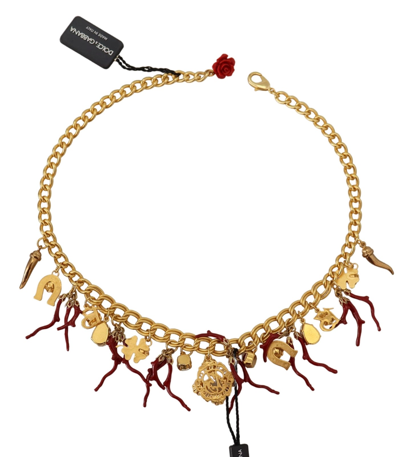 Dolce & Gabbana Gold Brass Crystal Logo Chili Statement Necklace