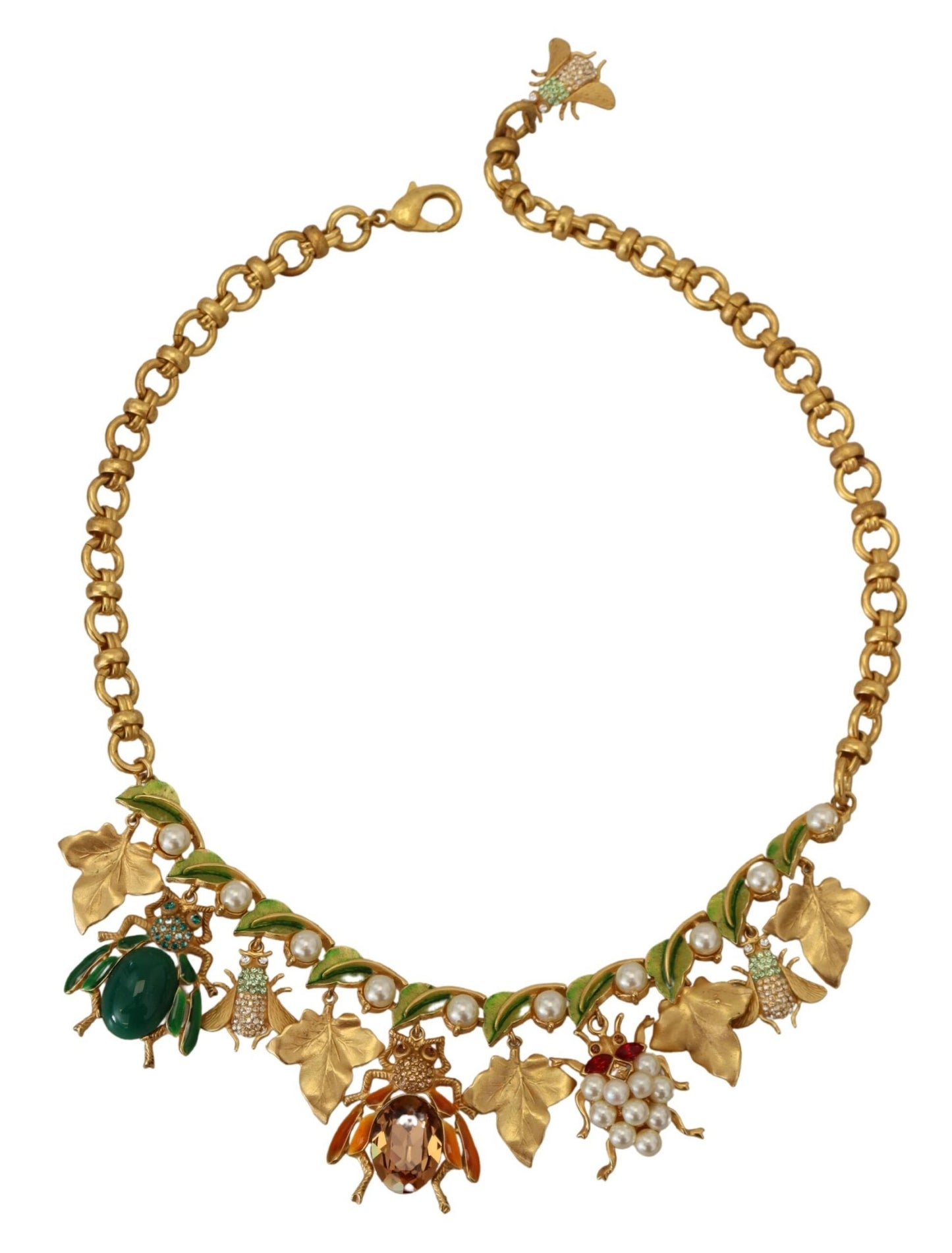 Dolce & Gabbana Gold Brass Crystal Logo Bug Floral Statement Necklace