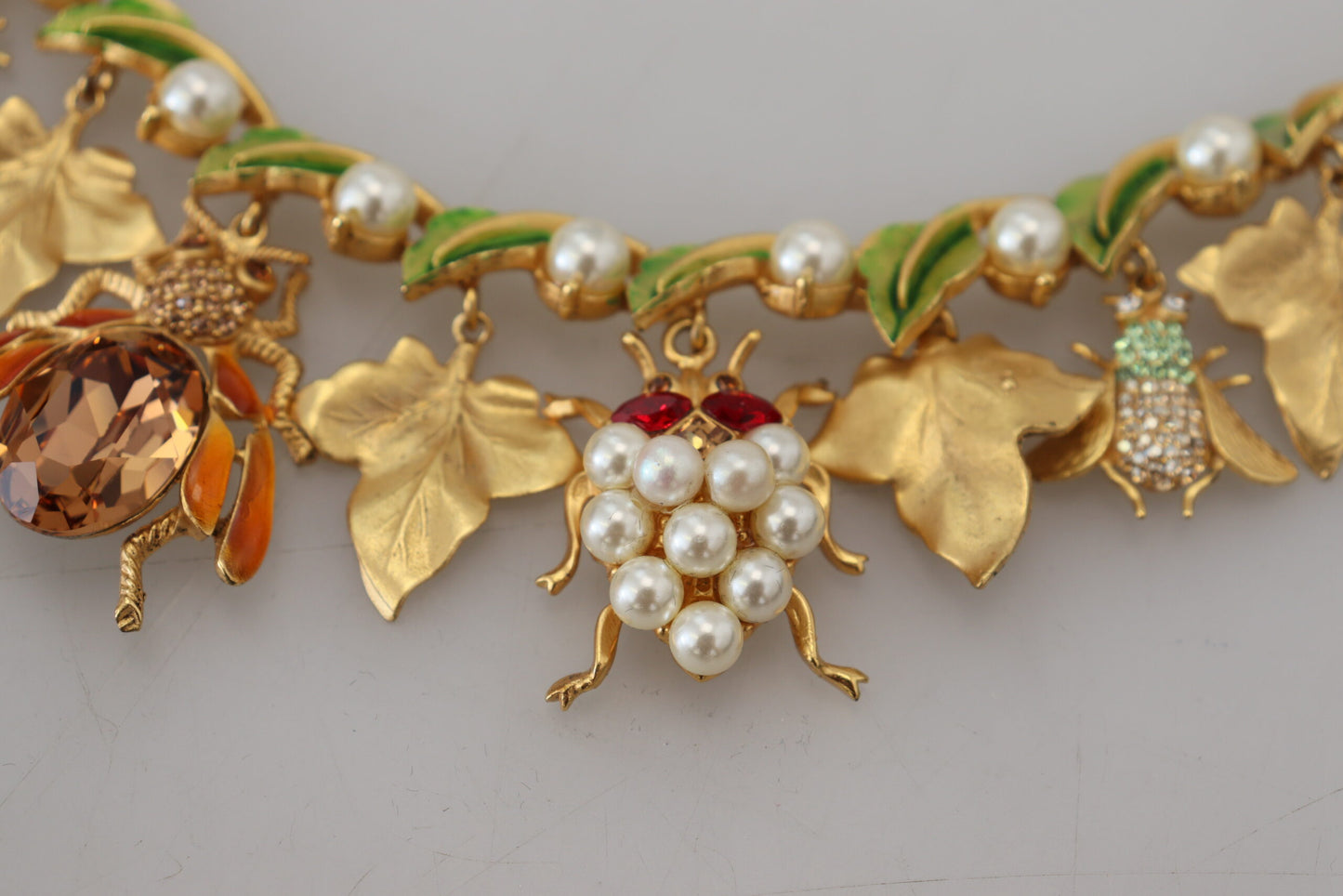 Dolce & Gabbana Gold Brass Crystal Logo Bug Floral Statement Necklace