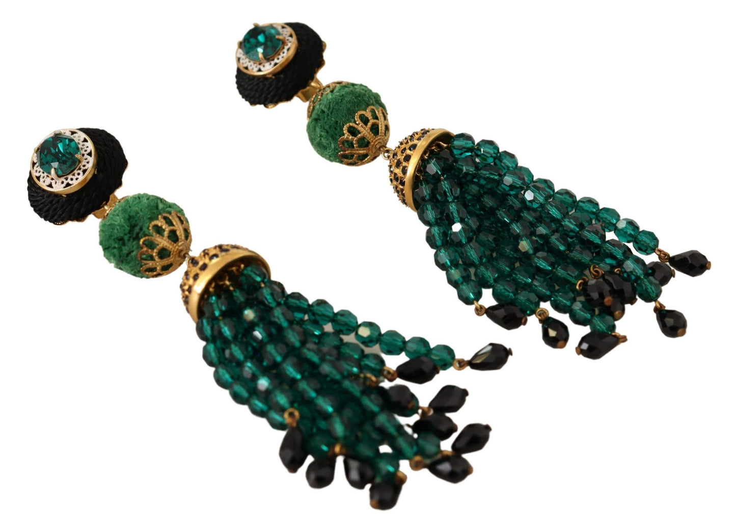 Dolce & Gabbana Green Crystals Gold Tone Drop Clip-on Dangle Earrings