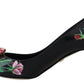 Dolce & Gabbana Black Floral Print Crystal Heels Pumps Shoes