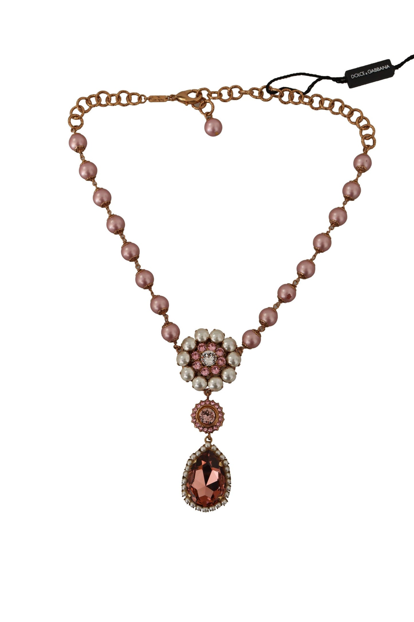 Dolce & Gabbana Gold Tone Brass Pink Beaded Pearls Crystal Pendant Necklace