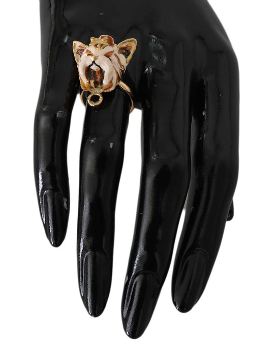 Dolce & Gabbana Gold Brass Resin Beige Dog Pet Ring