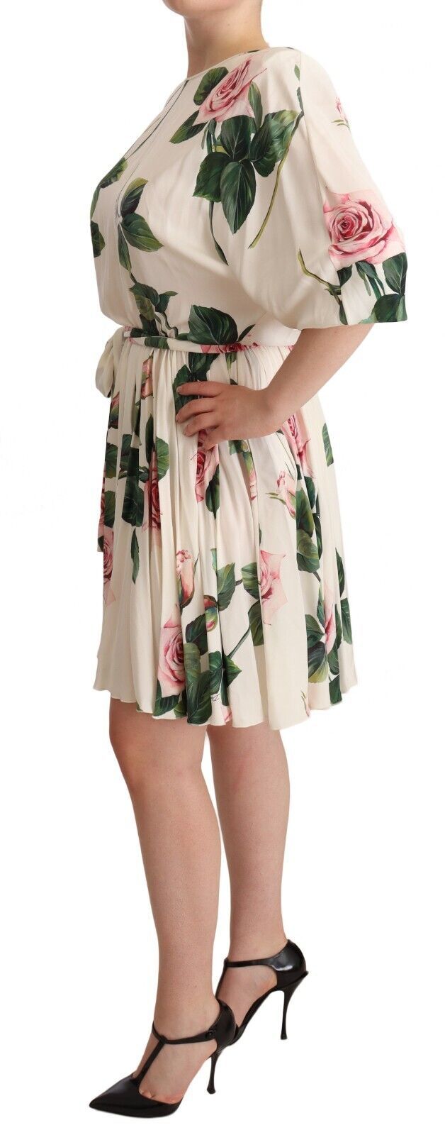 Dolce & Gabbana White Rose Print Stretch Silk Pleated Dress