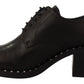ASH Black Leather Block Mid Heels Lace Up Studs Shoes