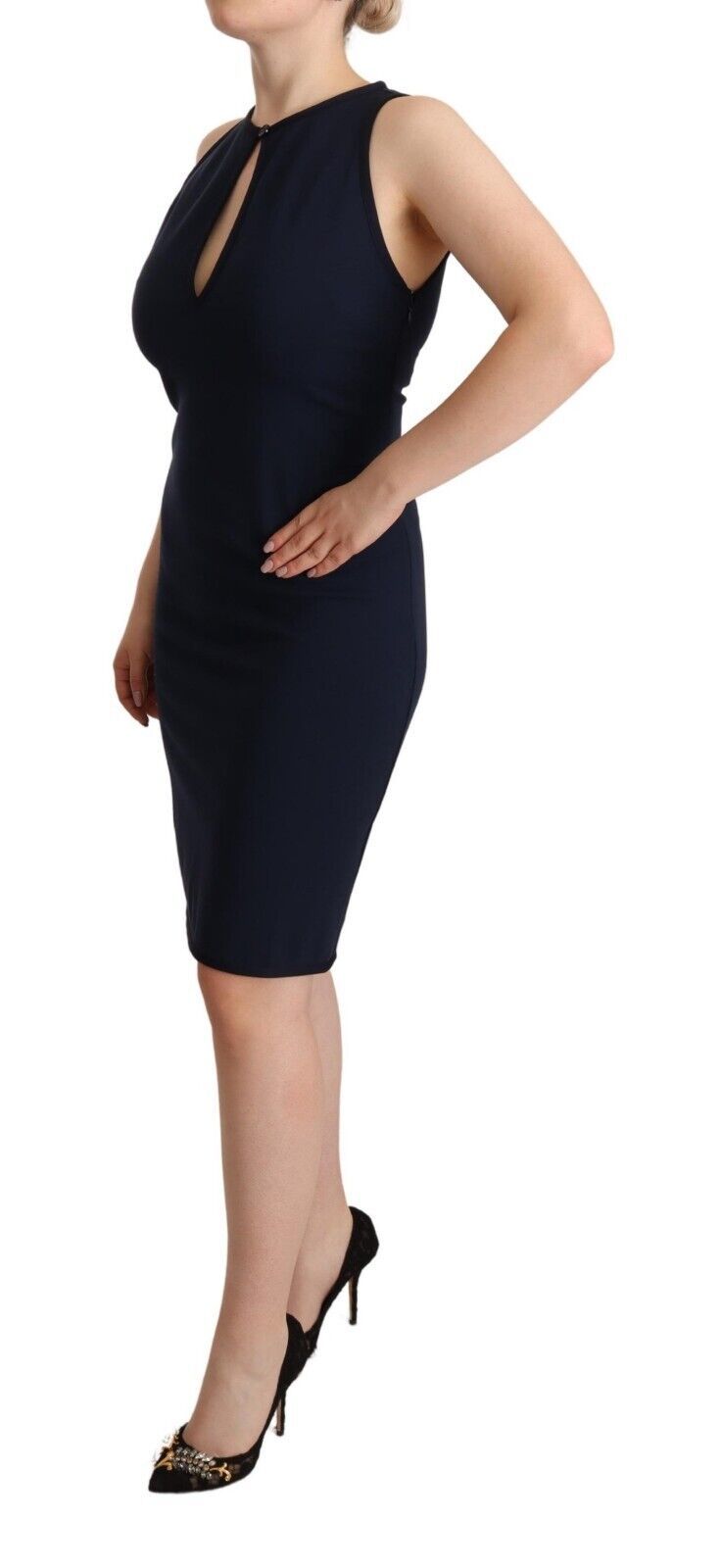 John Galliano Navy Blue Sleeveless Sheath Knee Length Dress