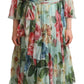 Dolce & Gabbana Green Floral Long Sleeves V-neck Midi Dress