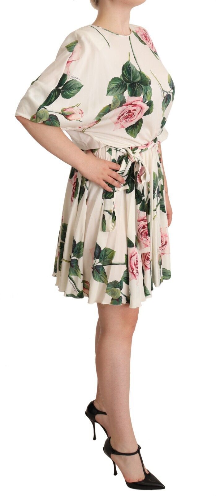 Dolce & Gabbana White Rose Print Stretch Silk Pleated Dress