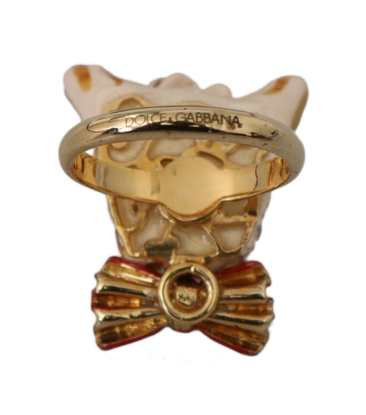 Dolce & Gabbana Beige Dog Pet Branded Accessory Gold Brass Resin Ring