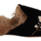 GIA COUTURE Black Velvet Floral Fur Slip On Flats Shoes