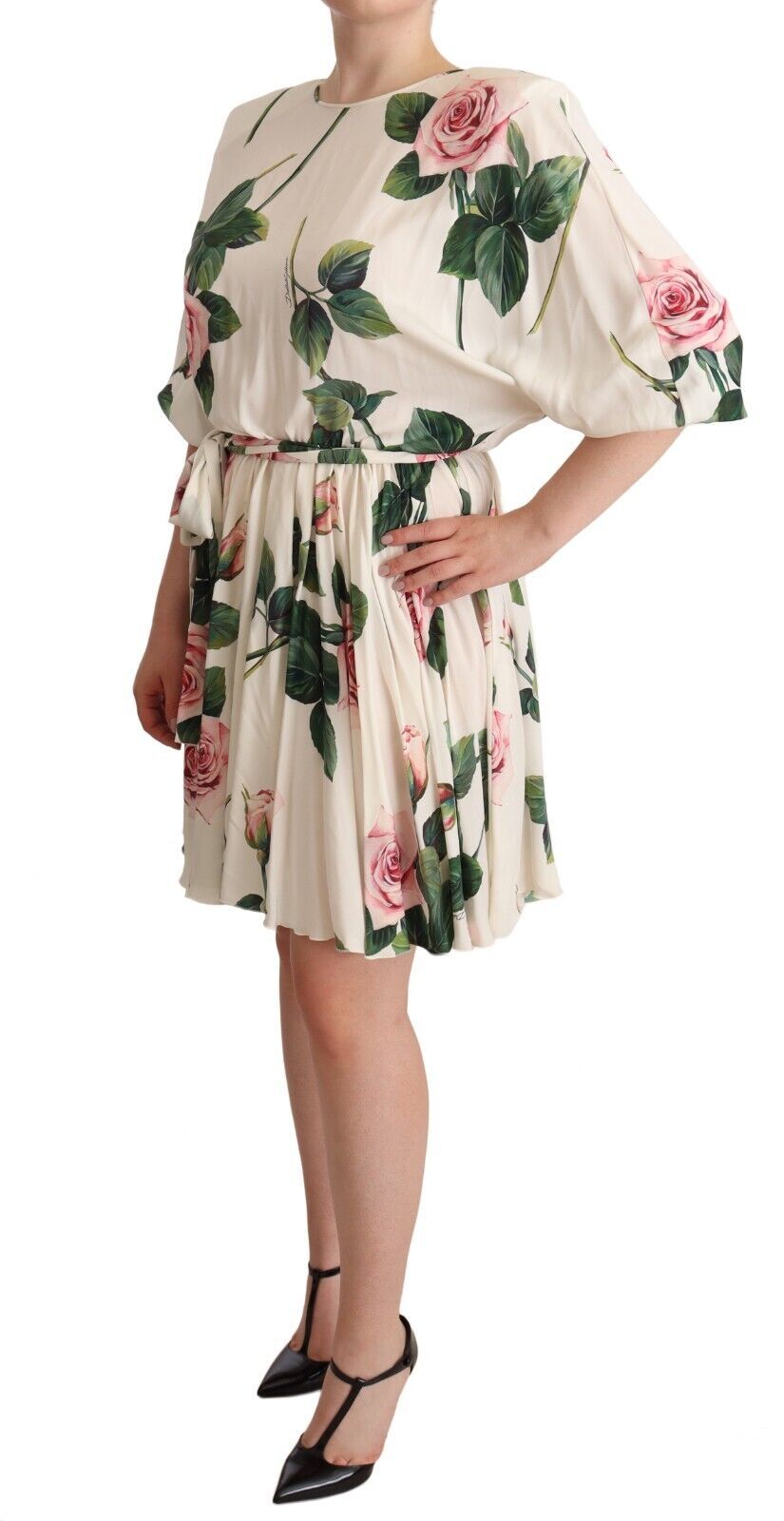 Dolce & Gabbana White Rose Print Stretch Silk Pleated Dress