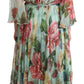 Dolce & Gabbana Green Floral Long Sleeves V-neck Midi Dress