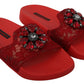 Dolce & Gabbana Red Lace Crystal Sandals Slides Beach Shoes