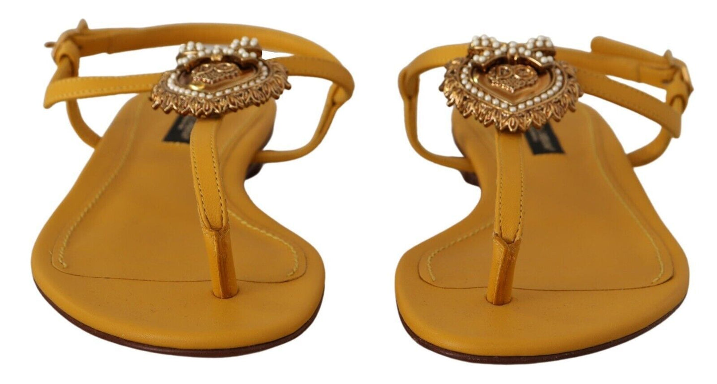 Dolce &amp; Gabbana 머스타드 레더 데보션 플랫 샌들 슈즈