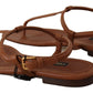 Dolce & Gabbana Brown Leather T-strap Slides Flats Sandals Shoes