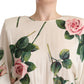 Dolce & Gabbana White Rose Print Stretch Silk Pleated Dress