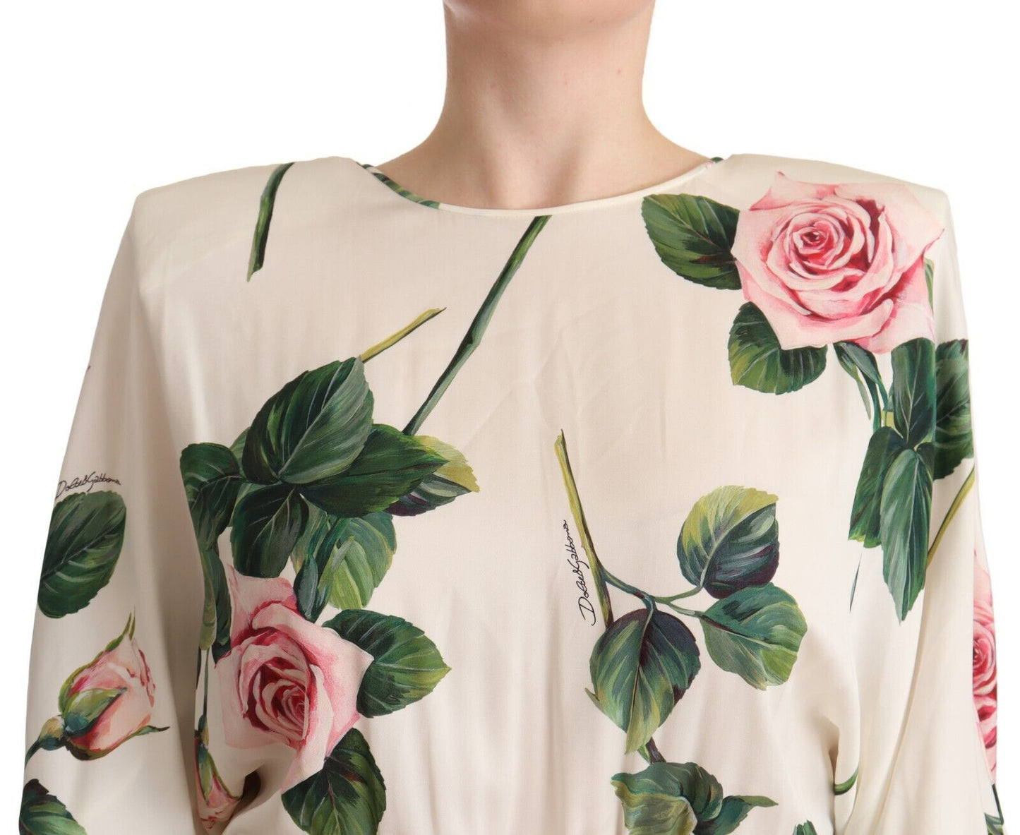 Dolce & Gabbana White Rose Print Stretch Silk Pleated Dress