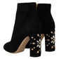 Dolce & Gabbana Black Suede Leather Crystal Heels Boots Shoes