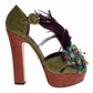 Dolce & Gabbana Green Leather Crystal Platform Sandal Shoes